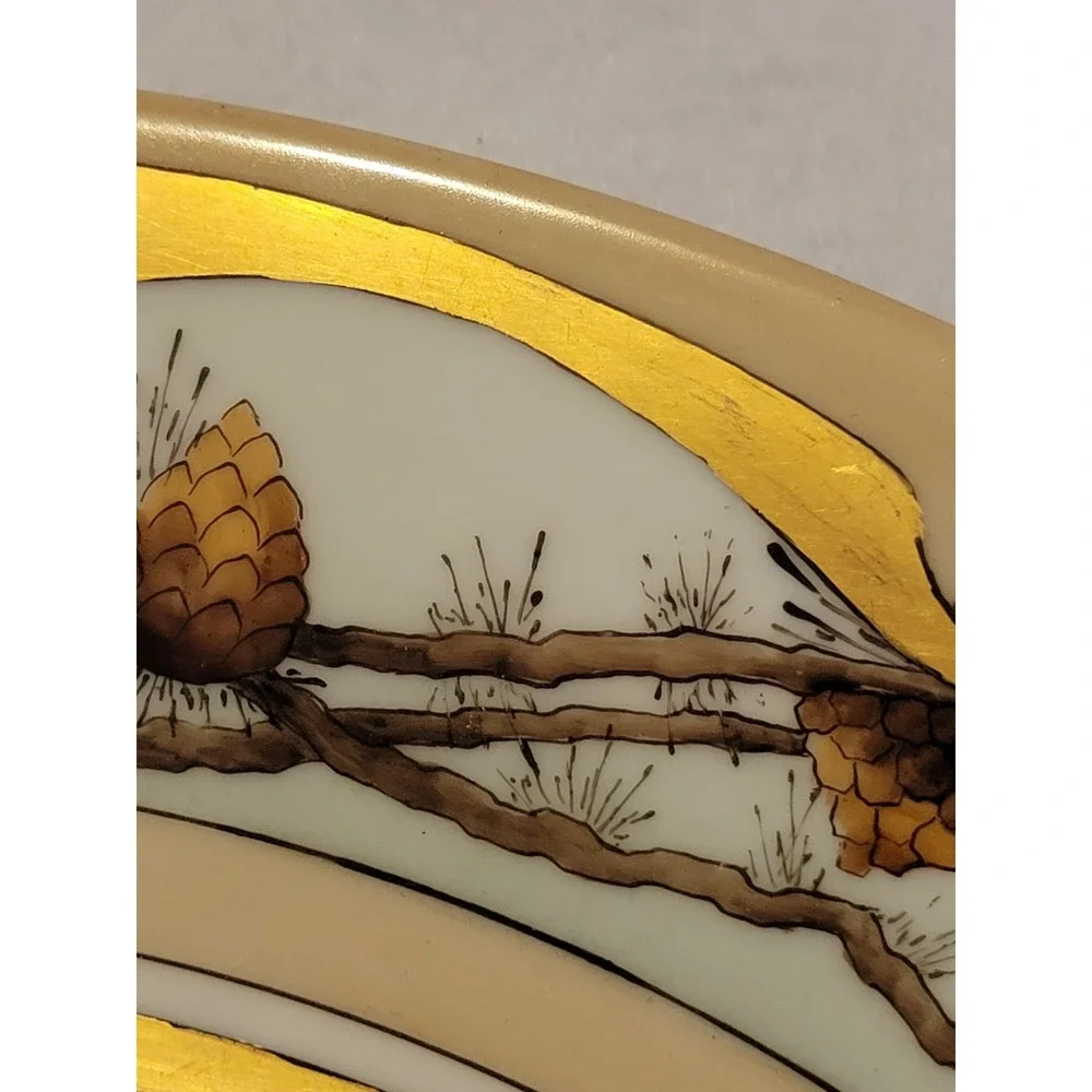 Bavaria‎ Porcelain Plate Vintage Pinecone Gold Gilt Rustic Cabin Decor Tan 15